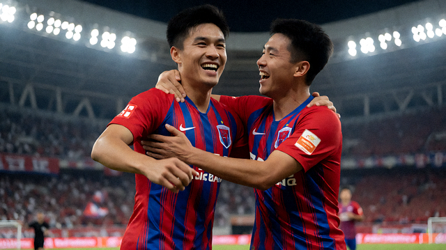 球员在进球后与队友拥抱庆祝的比赛画面